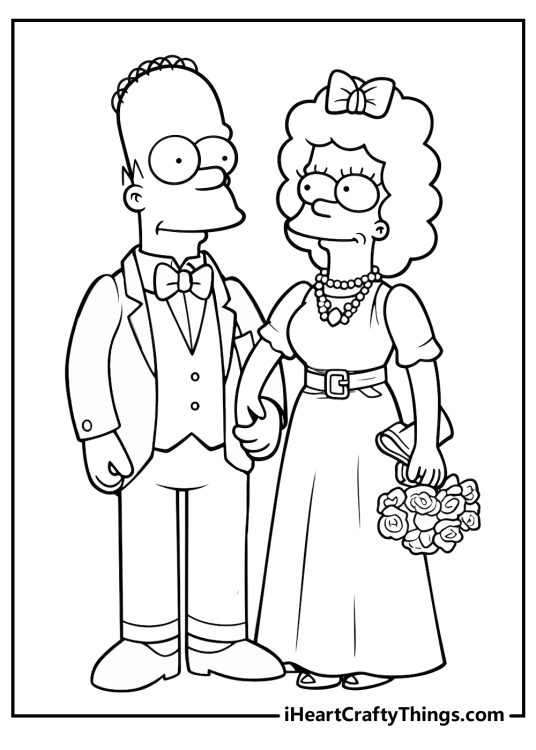 Simpsons coloring page featuring wedding moment of a Homer in a smart suit and Marge wearing elegant gown