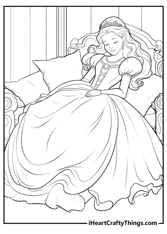 Sleeping Beauty coloring picture of a beautiful princess resting on a majestic throne with pillows all around her