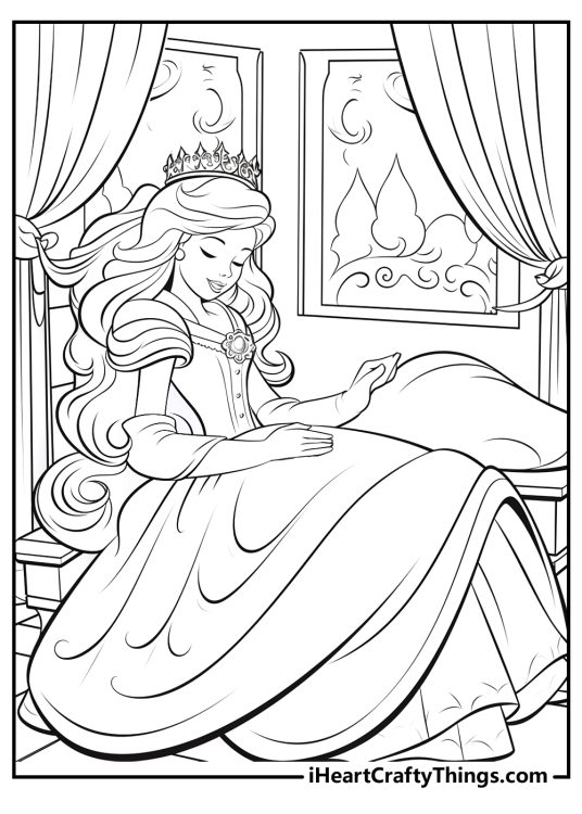 Detailed Sleeping Beauty-themed poster depicting princess Aurora sitting in her bed with closed eyes