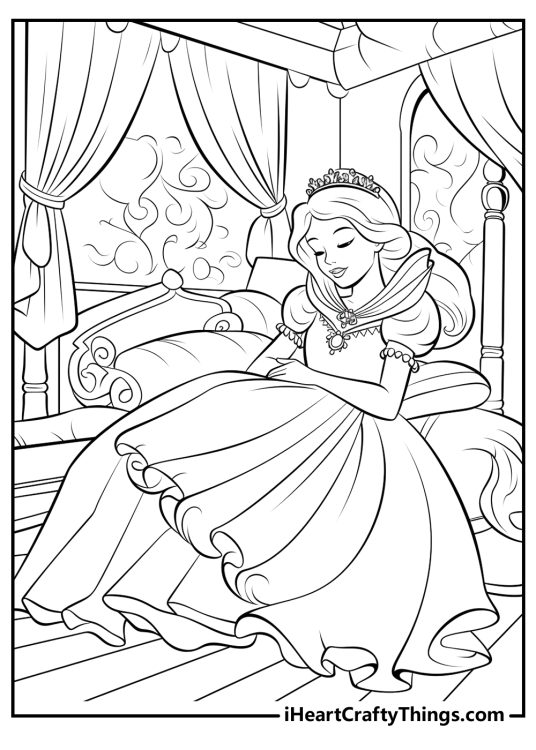 Sleeping Beauty picture featuring sweet princess sitting on her bed with the rest of her room in the background