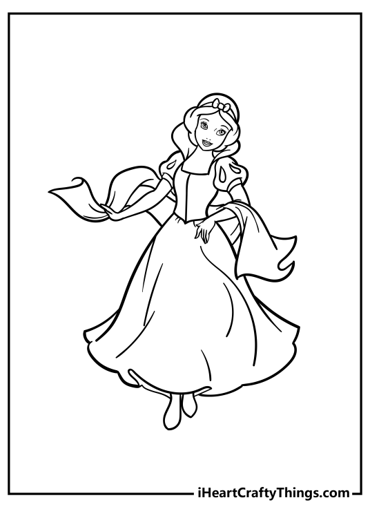 Coloring picture for children featuring excited Snow White unwrapping a lovely gift