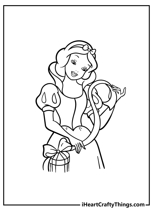 Coloring printable for kids featuring Snow White about to bite into a juicy apple