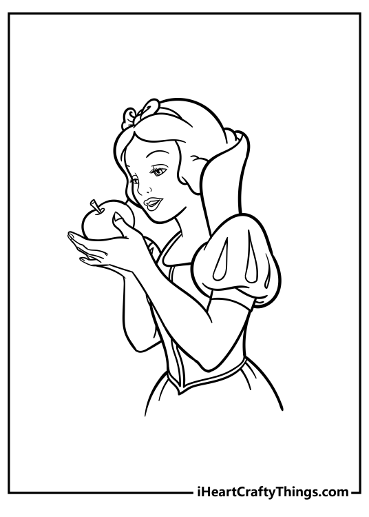 Printable coloring poster for kids with a close-up portrait of a happy-looking Snow White