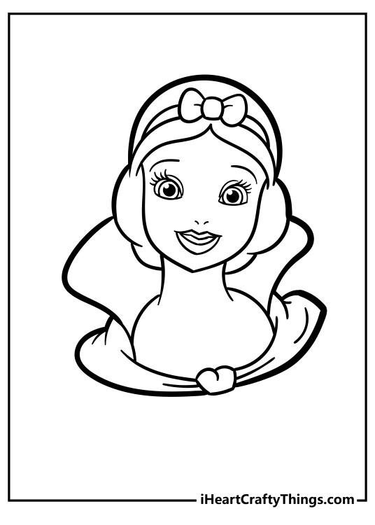 Free printable coloring image for children depicting Snow White with her bird friend