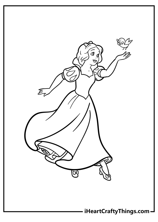Coloring picture for kids featuring Snow White and dwarf Dopey going for a stroll