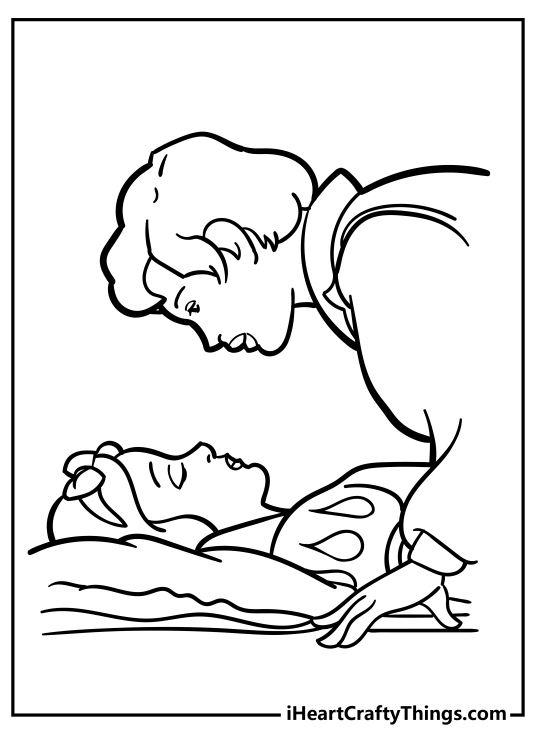 Printable coloring page featuring Snow White singing to an adorable bird in her hands