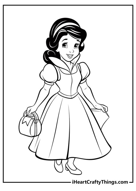 Printable drawing depicting peaceful moment of a Snow White sitting on her knees and holding a flower