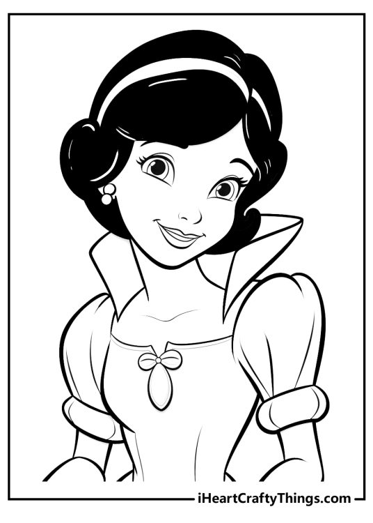 Free printable coloring page of a portrait of Snow White looking in the magic mirror