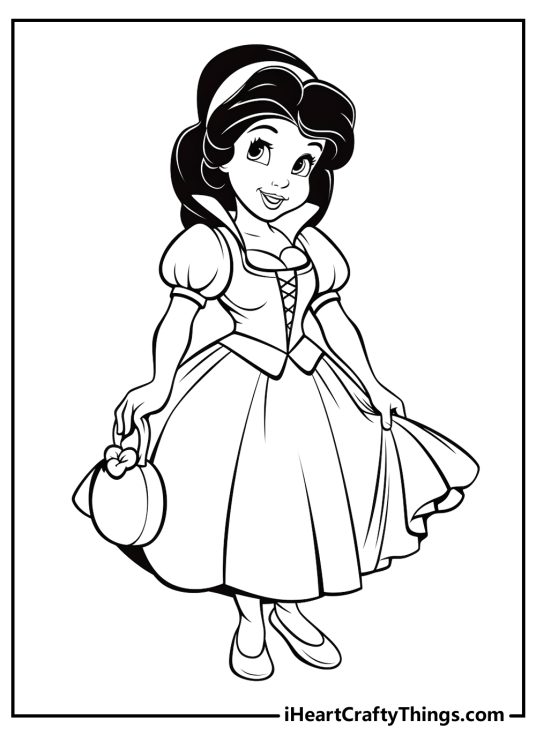 Detailed printable coloring sheet for kids featuring a lovely close-up of a Snow White
