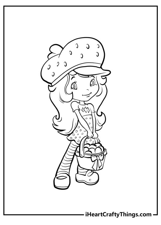 Detailed drawing depicting character Strawberry Shortcake holding a basket full of fruits
