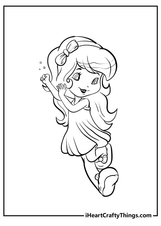 Coloring poster featuring Strawberry Shortcake dancing dressed in a short dress and big bow in her hair