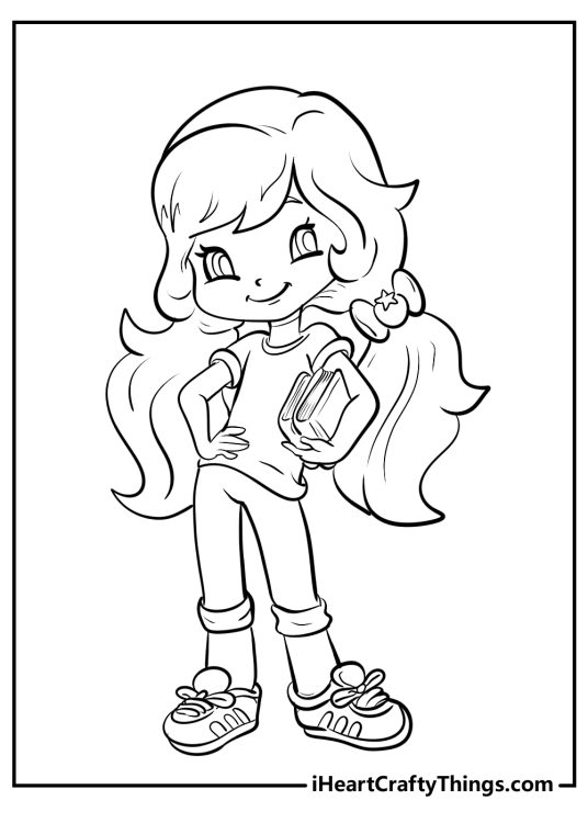 Image of a Strawberry Shortcake with one hand resting on her hip and other holding a stack of books