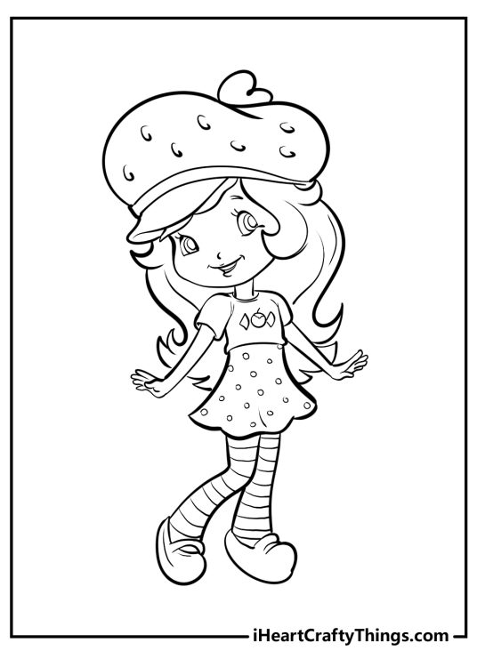 Picture of a Strawberry Shortcake posing happily in her polka-dot hat dress and stripy leggings