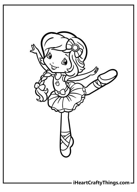 Free printable depicting Strawberry Shortcake showing off her dancing skills in a ballet gear