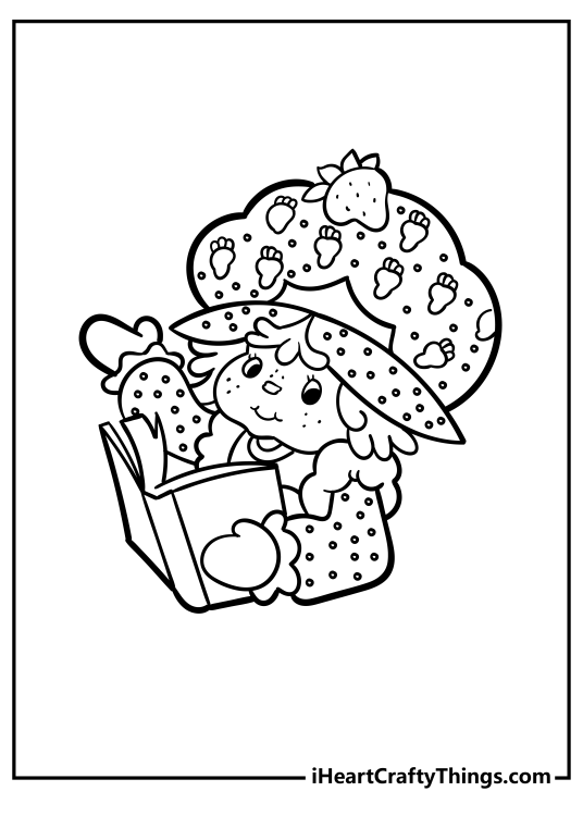 Detailed printable to color presenting vintage version of Strawberry Shortcake reading a book