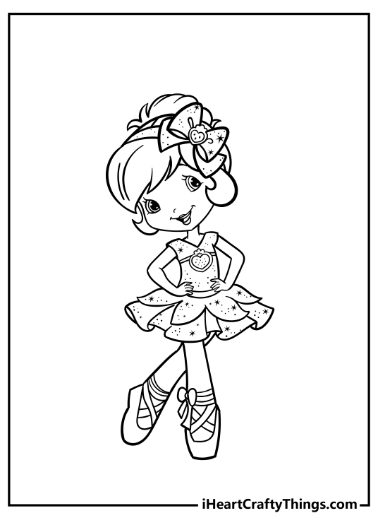 Printable pdf for children depicting Strawberry Shortcake posing in a pretty sparkling dress