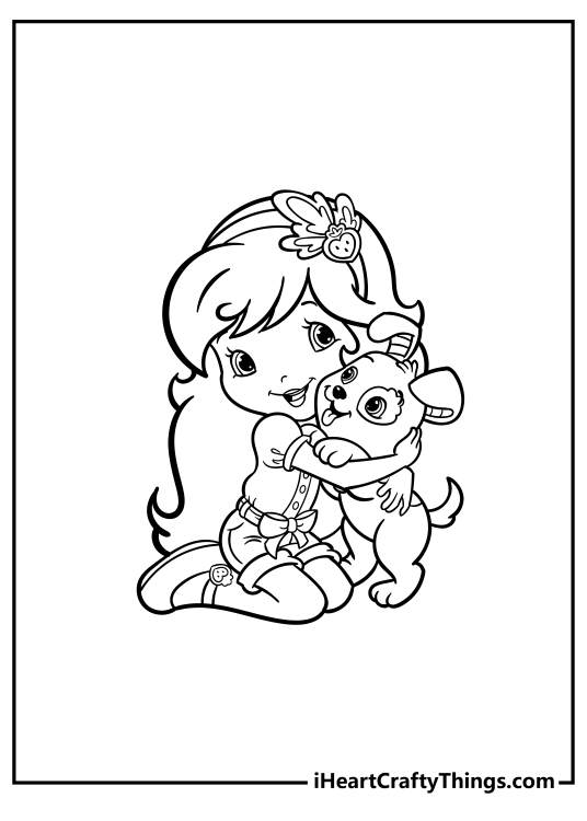 Black-and-white drawing for children of a Strawberry Shortcake cuddling her beloved dog