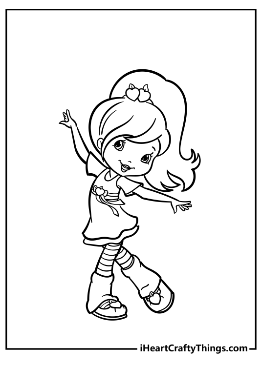 Coloring picture for children depicting Strawberry Shortcake having a great time dancing