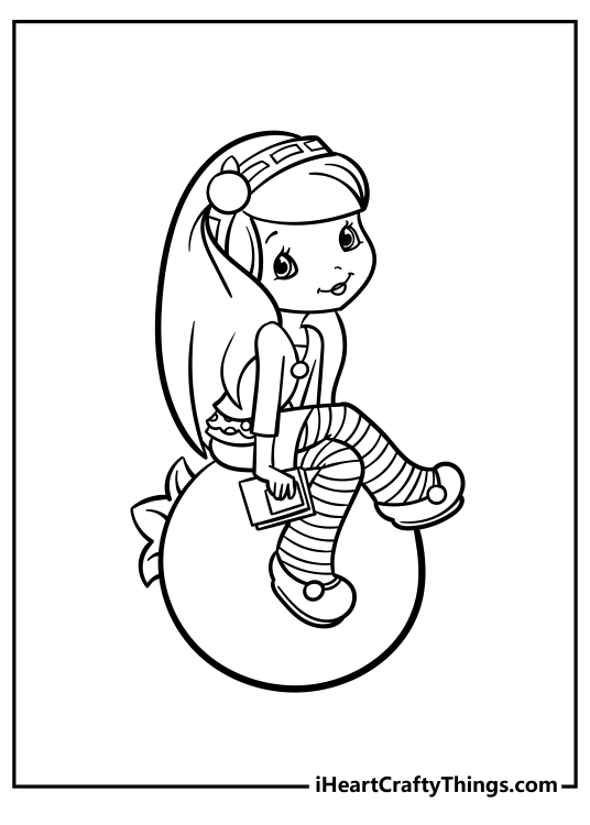 Strawberry Shortcake-themed picture presenting Blueberry Muffin sitting on a giant blueberry