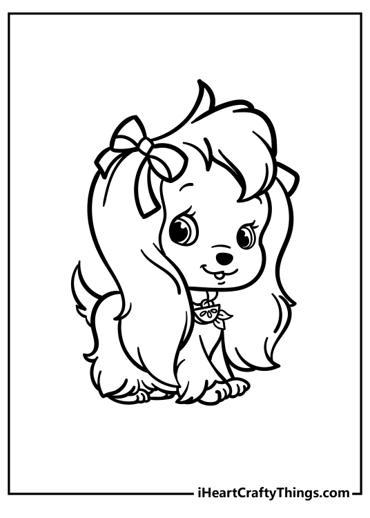 Strawberry Shortcake-themed coloring page depicting adorable little puppy Henna