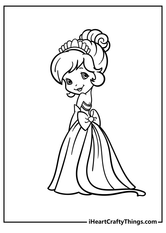 Detailed image to color presenting Strawberry Shortcake wearing a beautiful ballgown and tiara