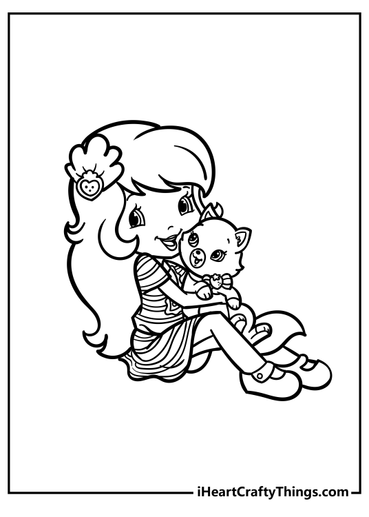 Coloring pdf featuring Strawberry Shortcake in a stripy outfit holding her cute kitty Custard