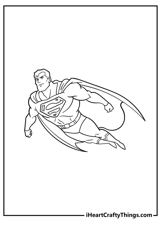 Superman-themed coloring printable featuring hero flying through the air with blank background