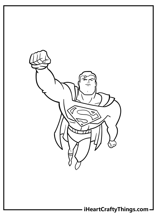 Coloring picture of a Superman looking very focused and serious while flying in his signature pose