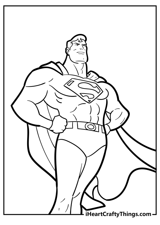 Coloring drawing of a Superman posing proudly in his signature outfit with hands on his hips