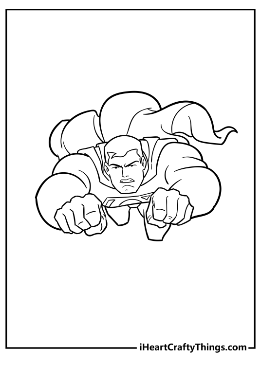 Printable card depicting Superman flying through the air with arms stretched straight towards us