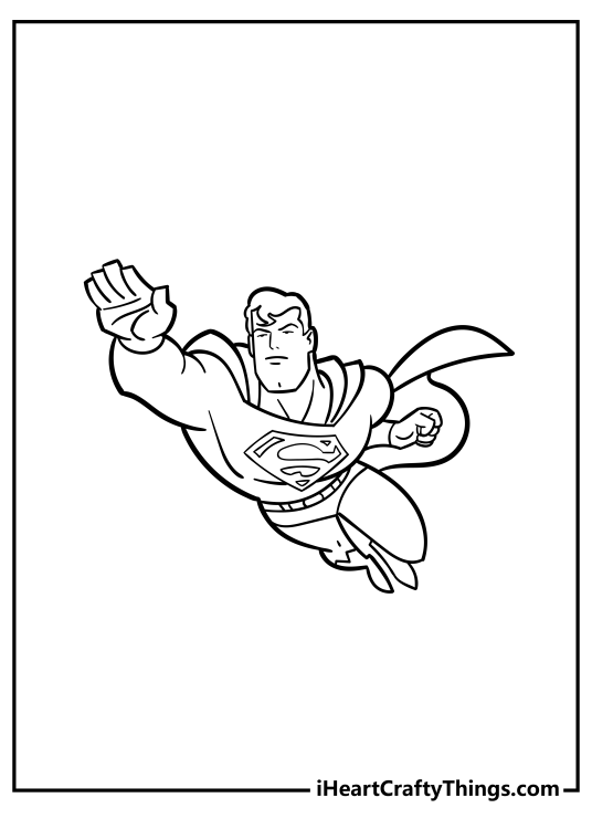 Printable coloring sheet featuring front view of the Superman flying through the air in his signature pose