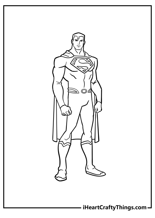 Printable coloring picture for kids featuring Superman posing calmly drawn in a simple way