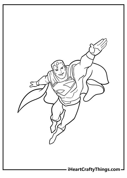 Free picture to print and color presenting Superman in action with a big smile on his face