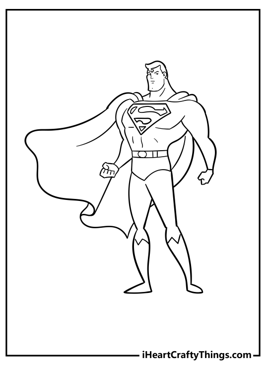 Coloring poster of a Superman posing proudly in his signature outfit with background left blank