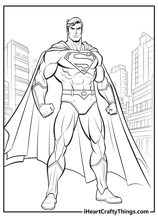 Detailed drawing of a Superman standing proudly with clenched fists and Metropolis in the background