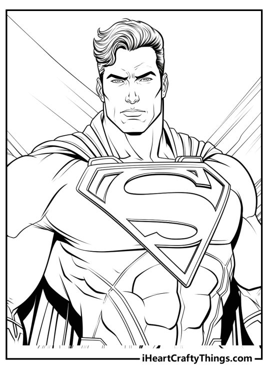 Detailed printable coloring image for adults featuring a close-up of the famous Superman
