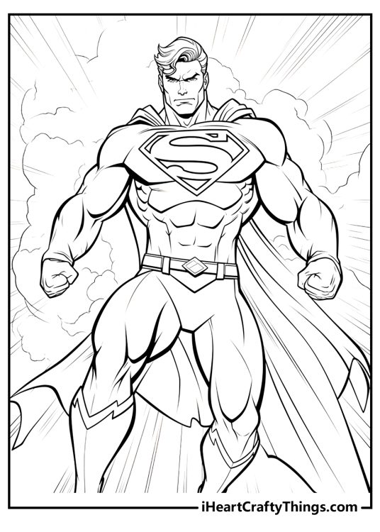 Detailed printable of a powerful Superman showing off his strength with power clouds in the backround