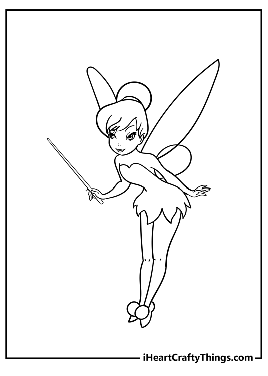Picture to print and color presenting Tinker Bell wielding a magic wand with clear background behind her