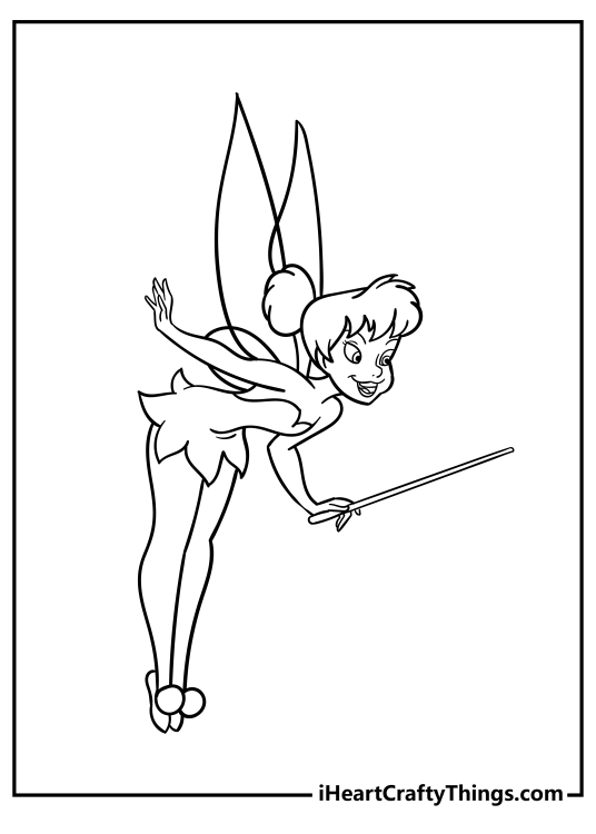 Coloring image of a happy-looking Tinker Bell floating in the air with a magic wand