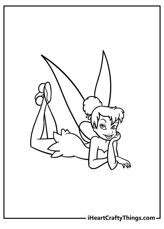 Printable picture to color featuring Tinker Bell lying down and looking deep in thought
