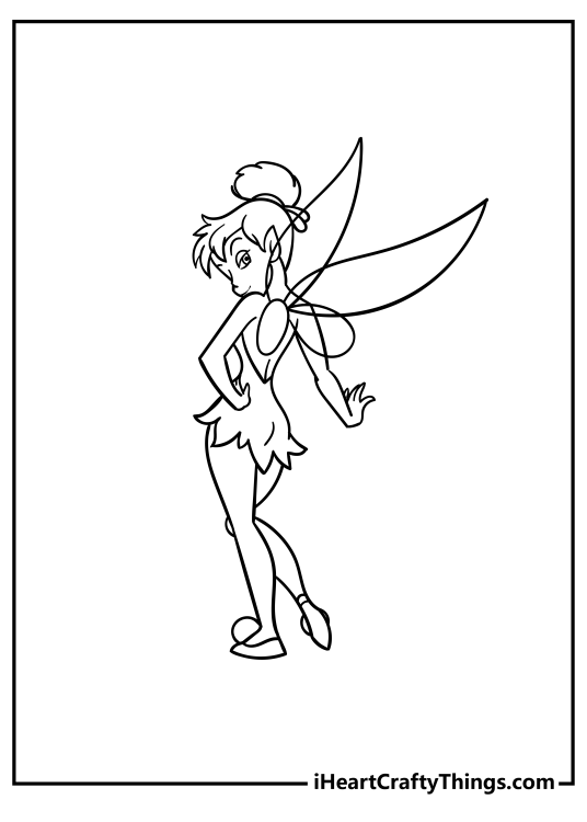 Coloring sheet for chhildren featuring Tinker Bell striking a fabulous pose while standing turned back to us