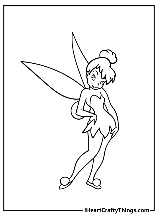Coloring image for kids featuring character Tinker Bell looking happy and playful