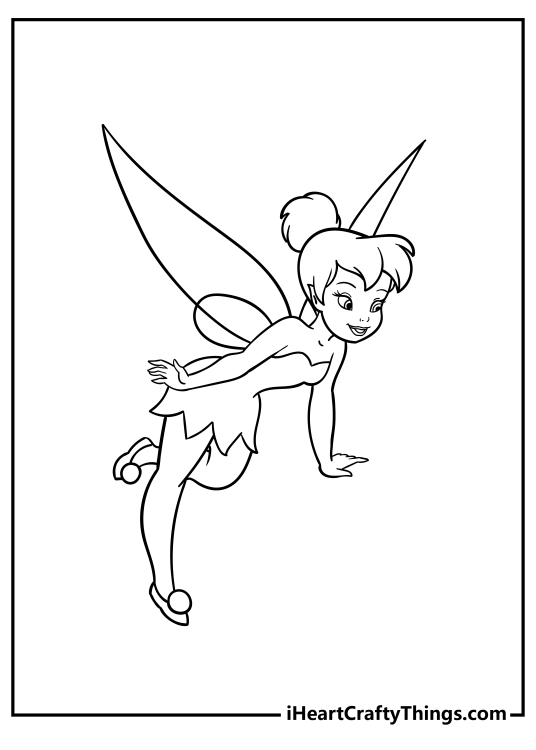 Black-and-white printable drawing for kids depicting Tinker Bell hovering in the air