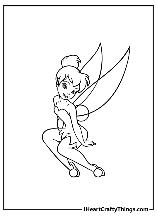 Coloring picture featuring Tinker Bell looking very dreamy while in a sitting position
