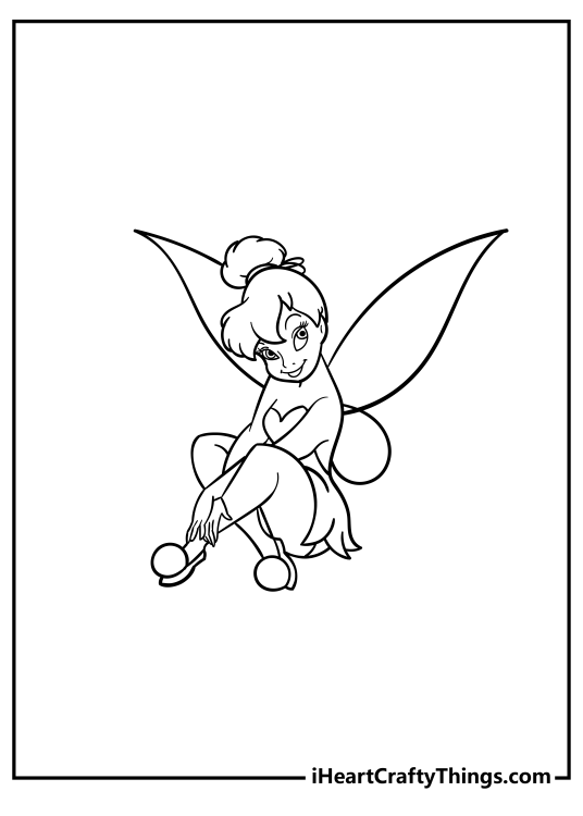 Coloring image depicting playfully-looking Tinker Bell sitting in a cross-legged position