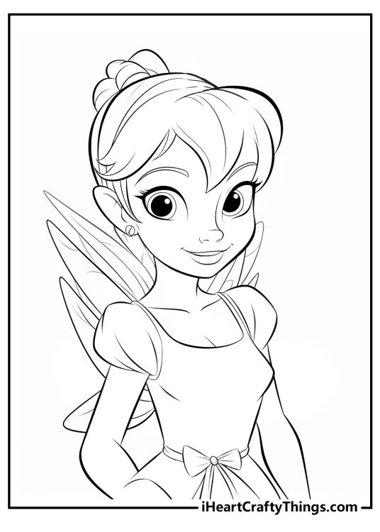 Printable coloring page for children featuring detailed close up portrayal of Tinker Bell