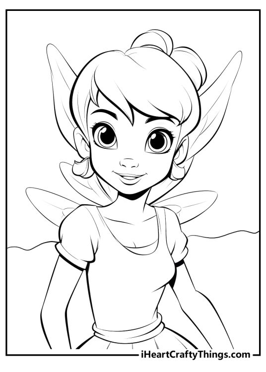 Detailed coloring image presenting Tinker Bell with great look at her beautiful wings