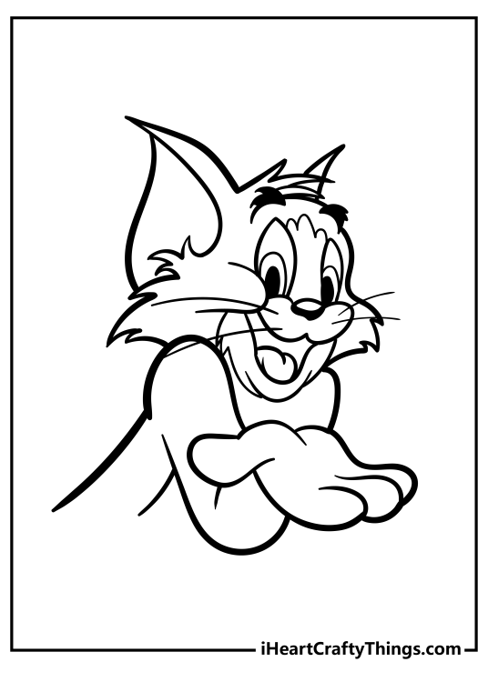 Tom and Jerry coloring picture featuring a close-up of Tom extending his hand towards us