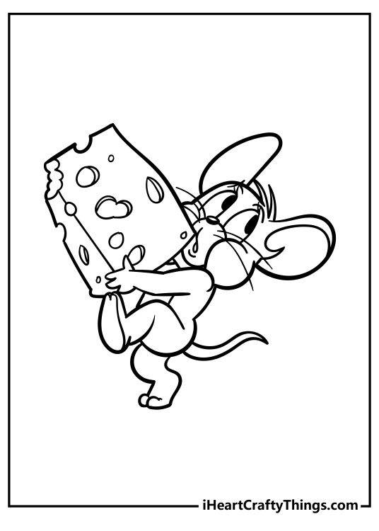 Tom and Jerry-themed picture to print and color featuring Jerry running away with a big slice of cheese