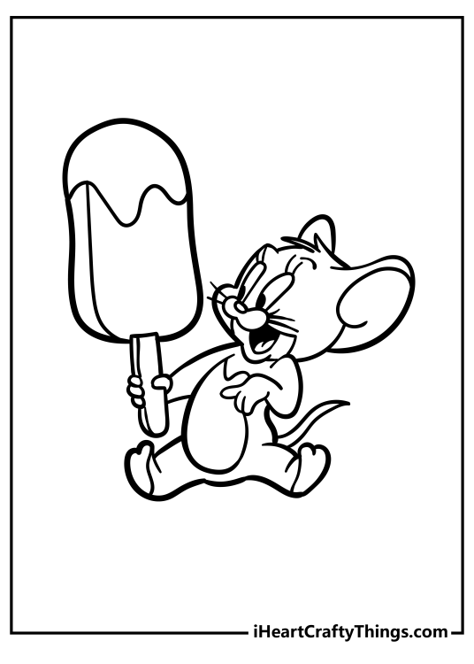 Tom and Jerry coloring image featuring Jerry ready to tuck into the huge ice cream he is holding